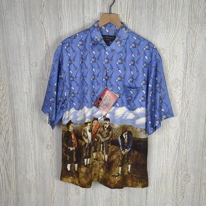 Guy Buffet Mens Small Button Front 100% Silk Golf Theme Shirt Blue Brown NWT